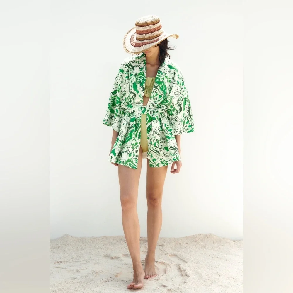 ZARA Linen Blend Printed Kimono Printed ✨ White + Green Size M/L - Picture 3 of 15